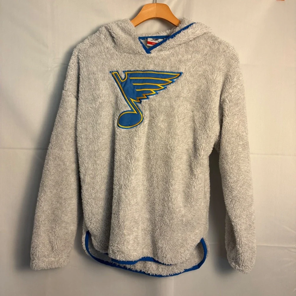 NHL St Louis Blues Girls Sherpa Fleece Hoodie Grey Blue Yellow Size M 10/12